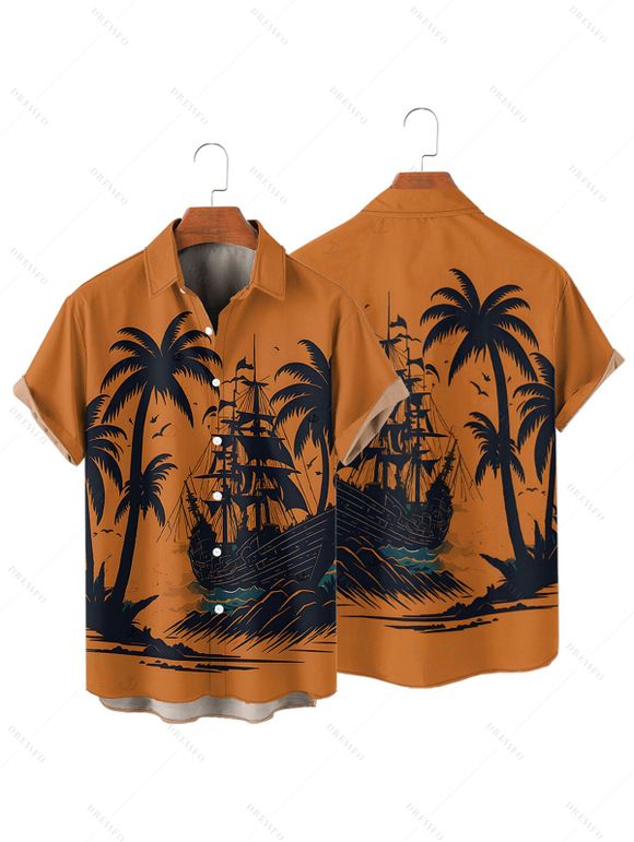 Chemise boutonnée à imprimé cocotiers pour homme, idéale pour les vacances à la plage - Orange 4XL