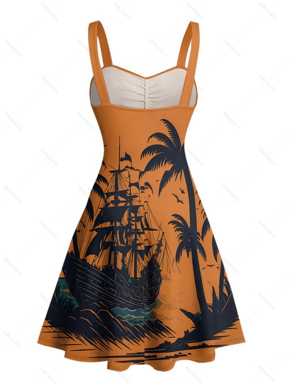 Vacation Couple Outfit for Beach Coconut Tree Print Mini Dress and Shirt Matching Set - Orange S | US 4