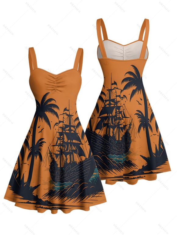 Vacation Couple Outfit for Beach Coconut Tree Print Mini Dress and Shirt Matching Set - Orange S | US 4