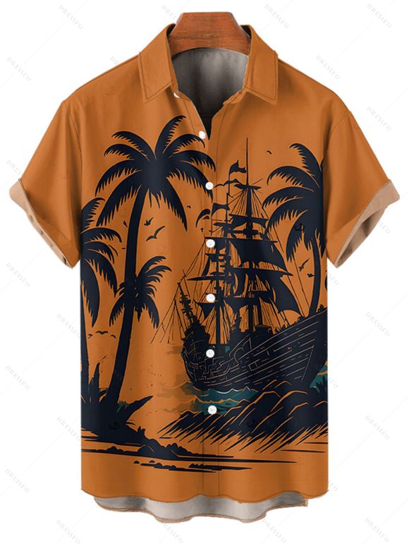 Vacation Couple Outfit for Beach Coconut Tree Print Mini Dress and Shirt Matching Set - Orange S | US 4