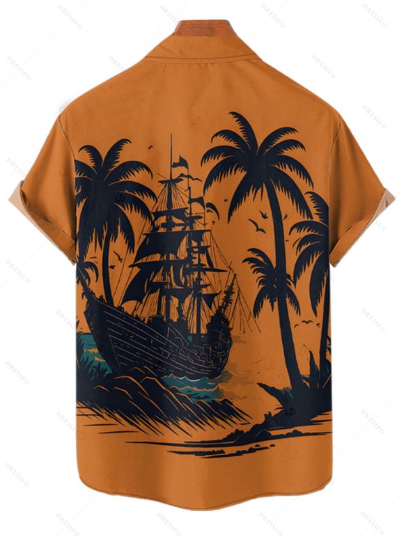 Vacation Couple Outfit for Beach Coconut Tree Print Mini Dress and Shirt Matching Set - Orange S | US 4