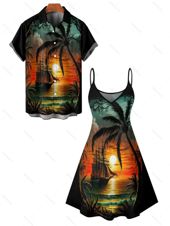 Vacation Couple Outfit for Beach Coconut Tree Sunset Print Mini Dress and Shirt Matching Set - Orange S | US 4