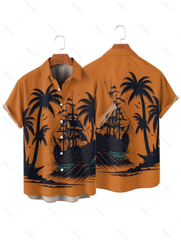 Vacation Couple Outfit for Beach Coconut Tree Print Mini Dress and Shirt Matching Set - Orange S | US 4