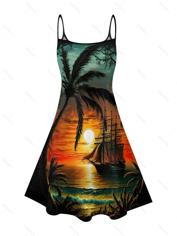 Vacation Couple Outfit for Beach Coconut Tree Sunset Print Mini Dress and Shirt Matching Set - Orange S | US 4