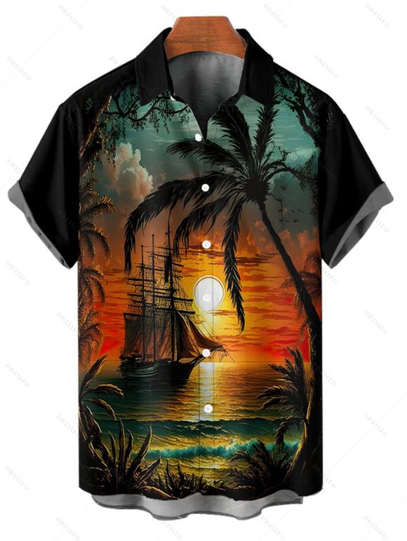 Chemise de vacances pour homme, imprimé cocotiers et coucher de soleil, boutonnée, pour la plage - Orange 5XL