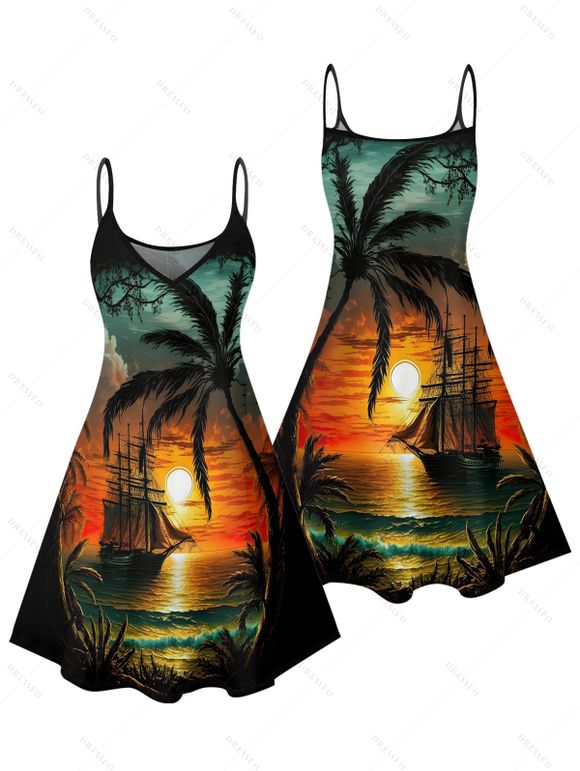 Vacation Couple Outfit for Beach Coconut Tree Sunset Print Mini Dress and Shirt Matching Set - Orange S | US 4