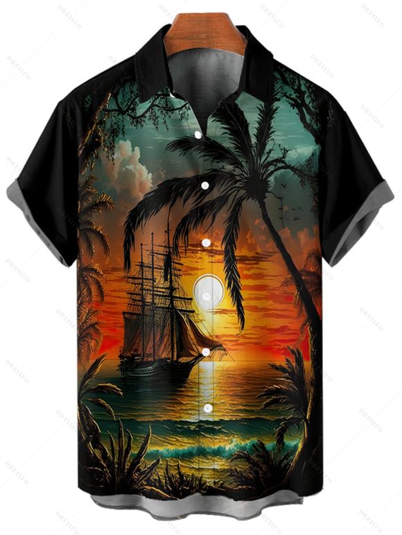 Vacation Couple Outfit for Beach Coconut Tree Sunset Print Mini Dress and Shirt Matching Set - Orange S | US 4