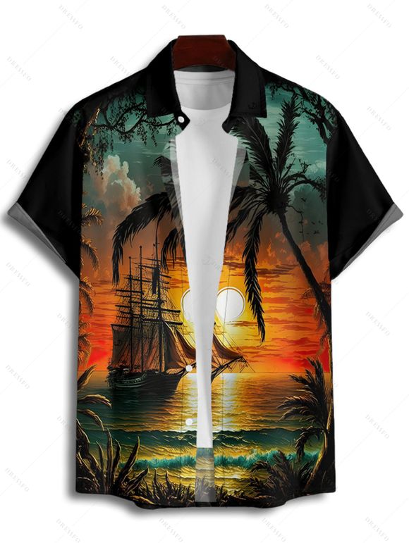 Chemise de vacances pour homme, imprimé cocotiers et coucher de soleil, boutonnée, pour la plage - Orange S