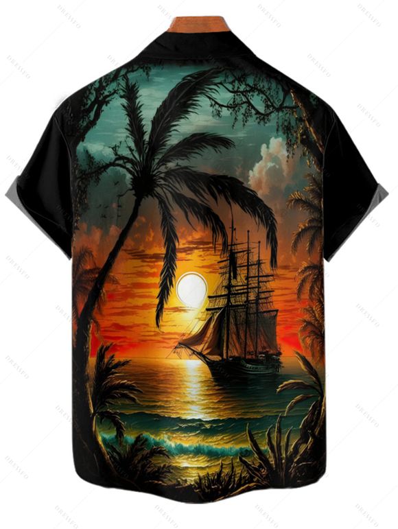 Vacation Couple Outfit for Beach Coconut Tree Sunset Print Mini Dress and Shirt Matching Set - Orange S | US 4