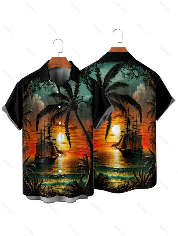 Chemise de vacances pour homme, imprimé cocotiers et coucher de soleil, boutonnée, pour la plage - Orange S