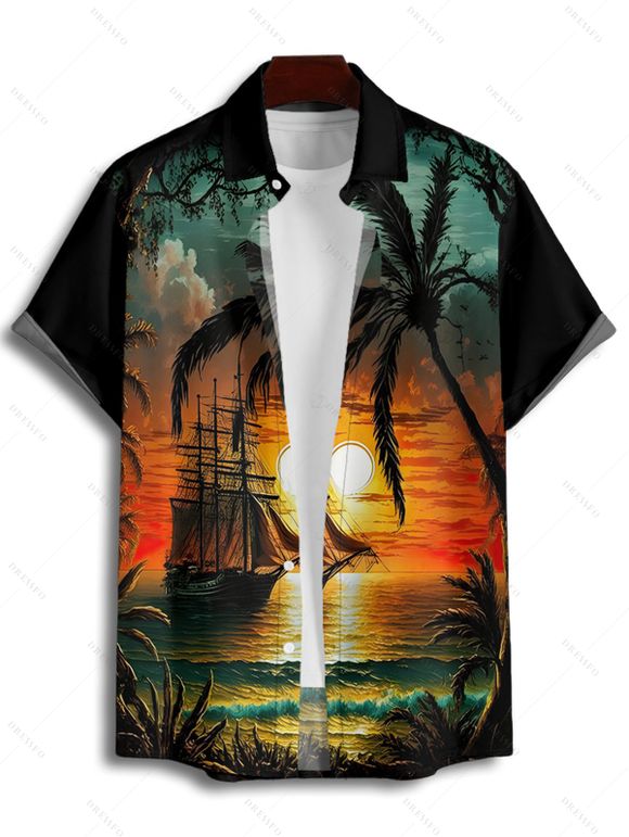 Vacation Couple Outfit for Beach Coconut Tree Sunset Print Mini Dress and Shirt Matching Set - Orange S | US 4