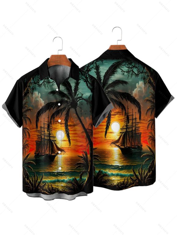 Vacation Couple Outfit for Beach Coconut Tree Sunset Print Mini Dress and Shirt Matching Set - Orange S | US 4