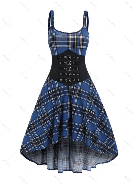 Robe vintage à carreaux, imprimé écossais, taille haute, mi-longue, avec œillets - Bleu profond M