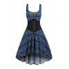 Robe vintage à carreaux, imprimé écossais, taille haute, mi-longue, avec œillets - Bleu profond M