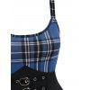 Vintage Dress Plaid Print Dress Grommet Bucket High Waisted High Low Midi Dress - DEEP BLUE XXL