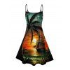 Robe de plage à imprimé cocotiers et coucher de soleil, mini-robe à bretelles spaghetti pour les vacances - Orange S | US 4