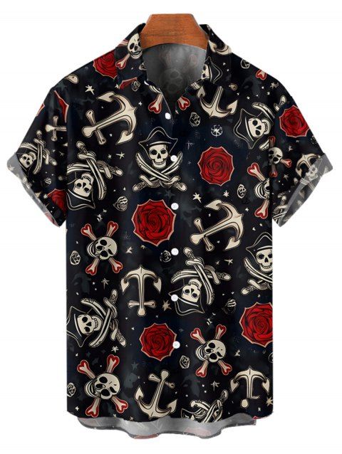 Chemise boutonnée gothique pour homme avec imprimé tête de mort, ancre et rose, pour Halloween