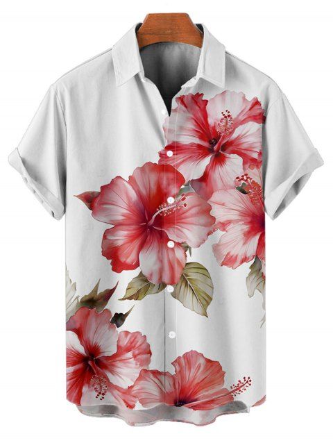 Chemise de vacances pour homme, boutonnée, imprimé feuilles et fleurs d'hibiscus