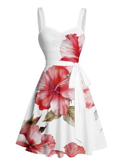 Robe de vacances Mini-robe froncée à imprimé feuilles et fleurs d'hibiscus