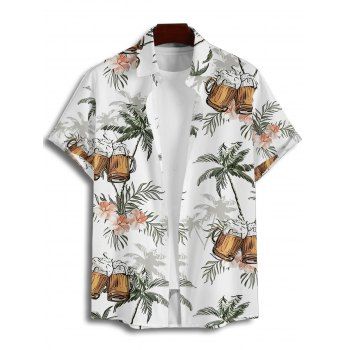 Vacation Couple Outfit Coconut Tree Floral Beer Print Slit Midi Dress and Shirt Set