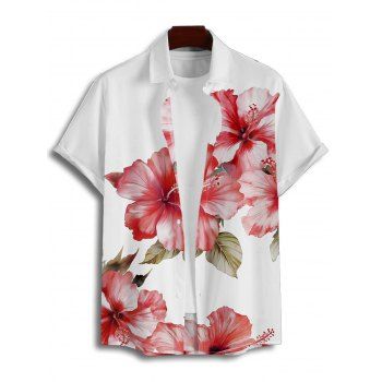 Vacation Couple Outfit Hibiscus Flower Leaf Print Ruched Belt Dress and Shirt Set