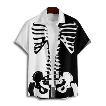 Men's Gothic Shirt Colorblock Skeleton Print Button Up Shirt for Halloween