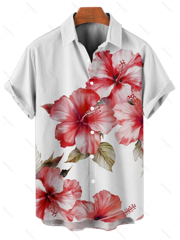 Chemise de vacances pour homme, boutonnée, imprimé feuilles et fleurs d'hibiscus - Rose clair 5XL