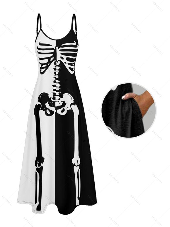 Robe gothique à imprimé squelette colorblock, longue robe à bretelles spaghetti et poches pour Halloween - Noir XXL | US 14