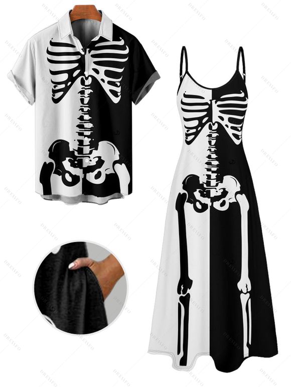 Gothic Couple Outfit for Halloween Colorblock Skeleton Print Pocket Long Dress and Shirt Set - Noir S | US 4