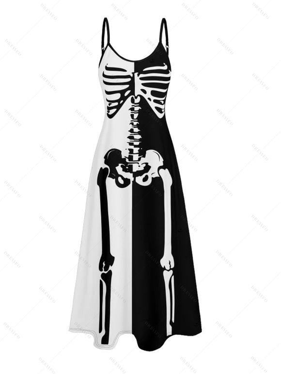 Gothic Couple Outfit for Halloween Colorblock Skeleton Print Pocket Long Dress and Shirt Set - Noir S | US 4