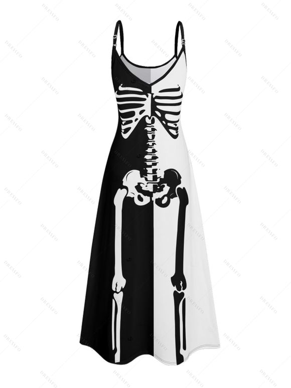 Gothic Couple Outfit for Halloween Colorblock Skeleton Print Pocket Long Dress and Shirt Set - Noir S | US 4