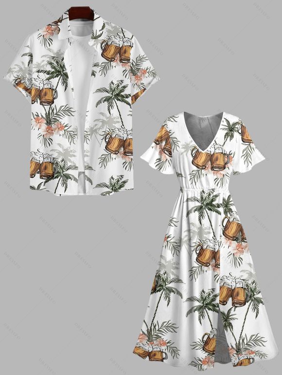 Vacation Couple Outfit Coconut Tree Floral Beer Print Slit Midi Dress and Shirt Set - Vert S | US 4