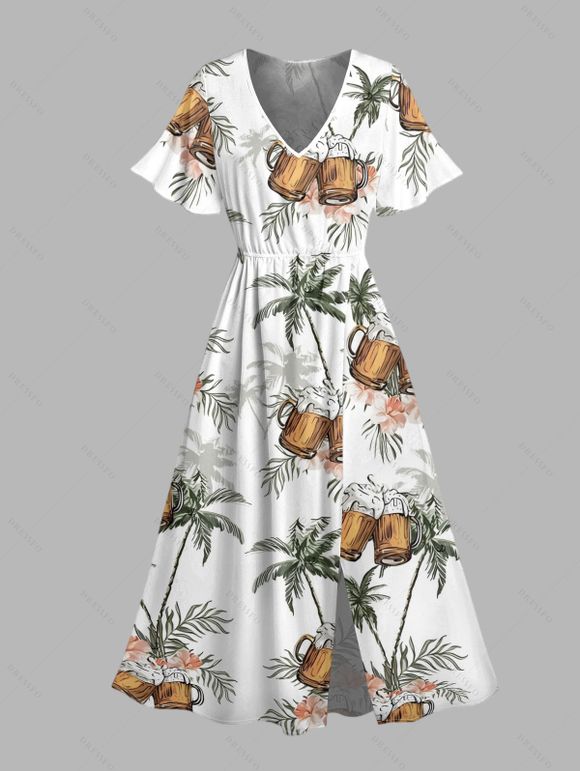 Vacation Couple Outfit Coconut Tree Floral Beer Print Slit Midi Dress and Shirt Set - Vert S | US 4