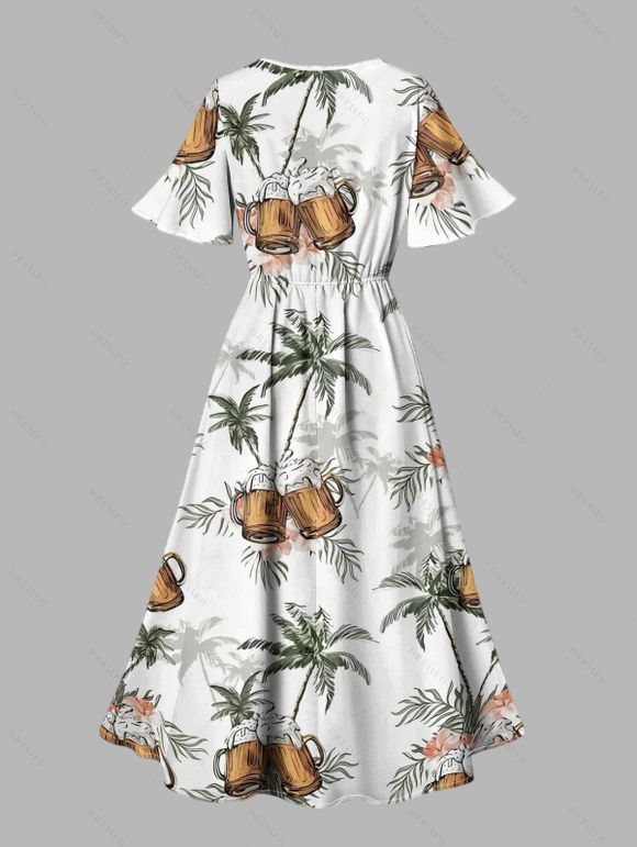 Vacation Couple Outfit Coconut Tree Floral Beer Print Slit Midi Dress and Shirt Set - Vert S | US 4