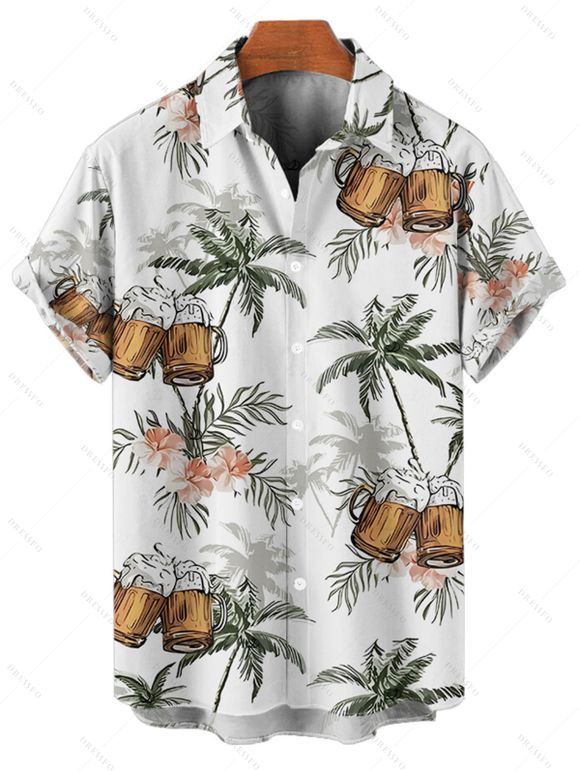 Vacation Couple Outfit Coconut Tree Floral Beer Print Slit Midi Dress and Shirt Set - Vert S | US 4