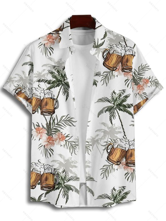 Vacation Couple Outfit Coconut Tree Floral Beer Print Slit Midi Dress and Shirt Set - Vert S | US 4