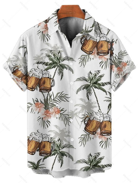 Chemise de vacances pour homme, boutonnée, imprimé floral et bière, motif cocotier - Vert 5XL