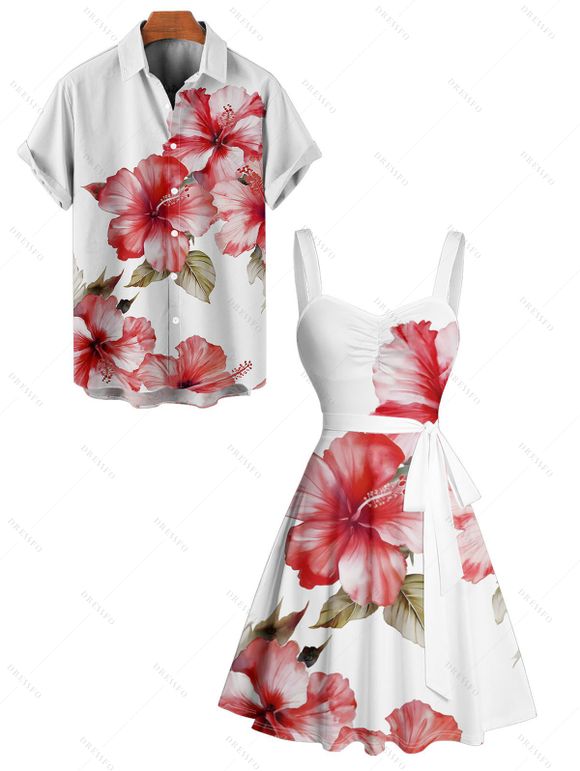 Vacation Couple Outfit Hibiscus Flower Leaf Print Ruched Belt Dress and Shirt Set - Rose clair S | US 4