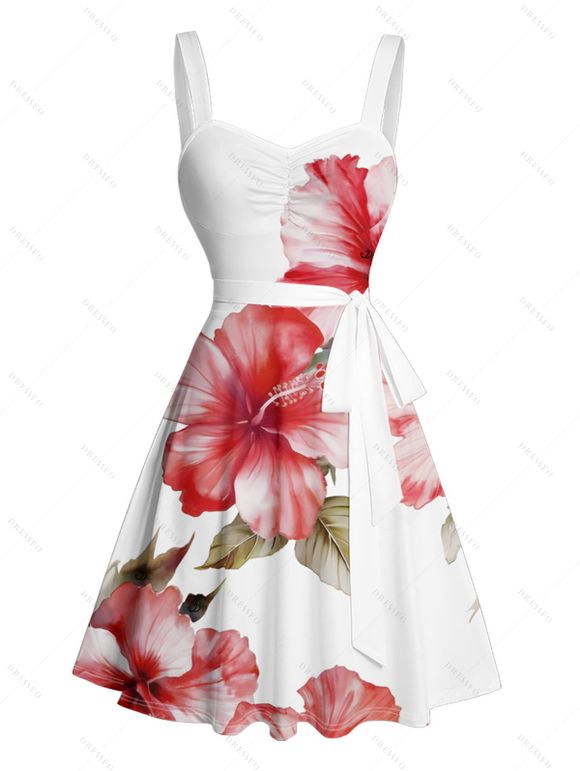 Vacation Couple Outfit Hibiscus Flower Leaf Print Ruched Belt Dress and Shirt Set - Rose clair S | US 4