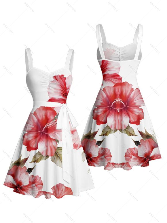 Vacation Couple Outfit Hibiscus Flower Leaf Print Ruched Belt Dress and Shirt Set - Rose clair S | US 4