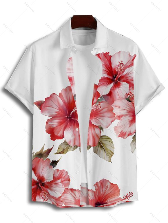 Vacation Couple Outfit Hibiscus Flower Leaf Print Ruched Belt Dress and Shirt Set - Rose clair S | US 4