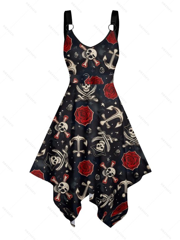 Robe gothique pour Halloween, robe midi à imprimé crâne, ancre, rose et mouchoir - Noir XXXXXL | US 20