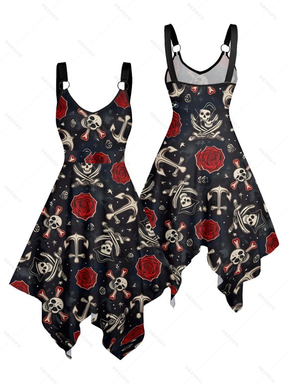 Robe gothique pour Halloween, robe midi à imprimé crâne, ancre, rose et mouchoir - Noir XXXXXL | US 20