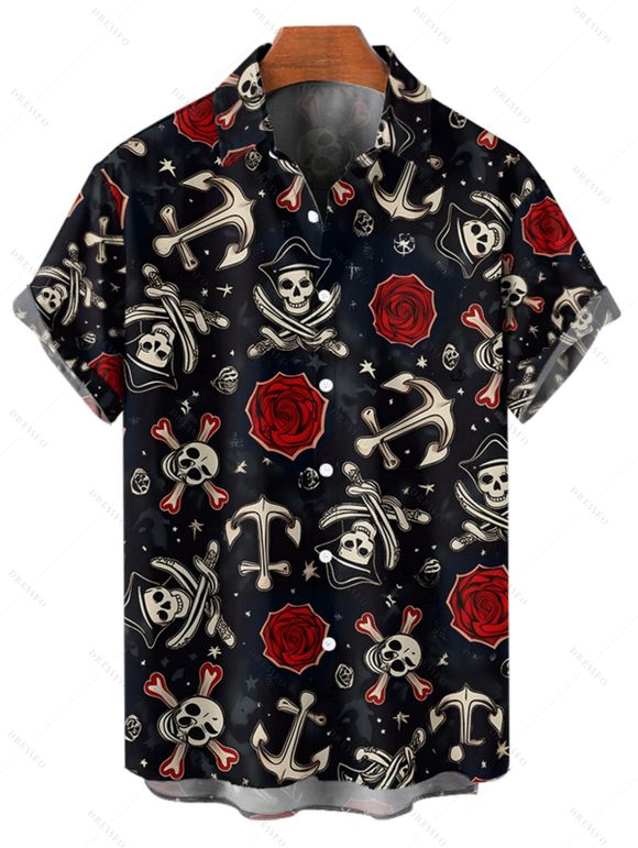 Chemise boutonnée gothique pour homme avec imprimé tête de mort, ancre et rose, pour Halloween - Noir 5XL