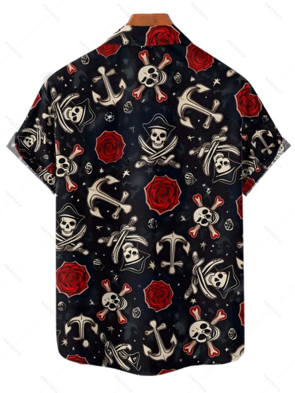 Chemise boutonnée gothique pour homme avec imprimé tête de mort, ancre et rose, pour Halloween - Noir 4XL