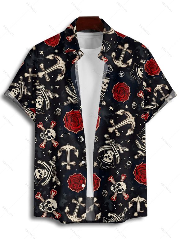 Chemise boutonnée gothique pour homme avec imprimé tête de mort, ancre et rose, pour Halloween - Noir 4XL