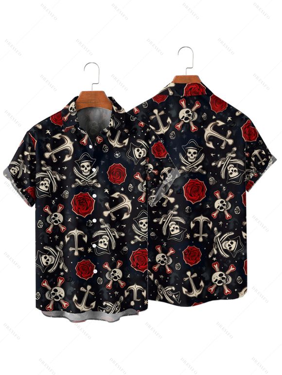Chemise boutonnée gothique pour homme avec imprimé tête de mort, ancre et rose, pour Halloween - Noir 4XL