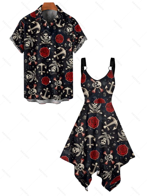 Gothic Couple Outfit Skull Anchor Rose Print Handkerchief Dress and Shirt Set - Noir S | US 4