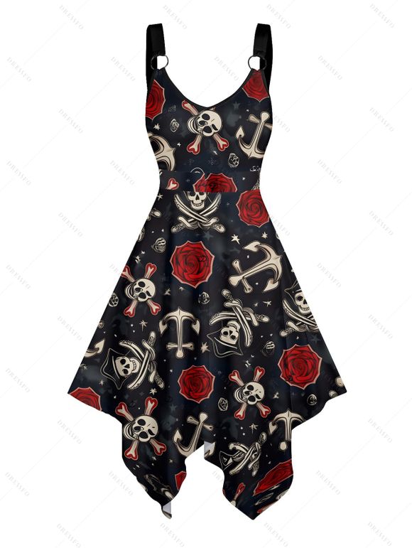 Gothic Couple Outfit Skull Anchor Rose Print Handkerchief Dress and Shirt Set - Noir S | US 4