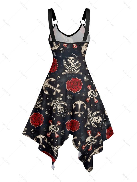 Gothic Couple Outfit Skull Anchor Rose Print Handkerchief Dress and Shirt Set - Noir S | US 4